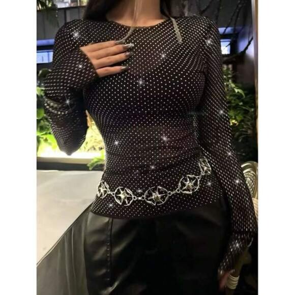 Women's Summer Flash Round Neck Long Sleeves Slim Mesh Tulle T-Shirt Going Out C - Picture 2 of 8